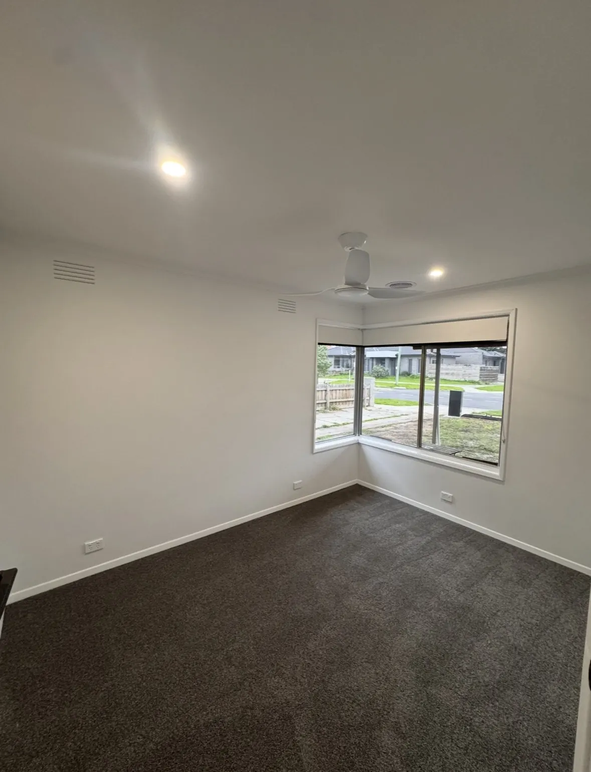 Thomastown house renovation: bedroom with ceiling fan and LED downlights