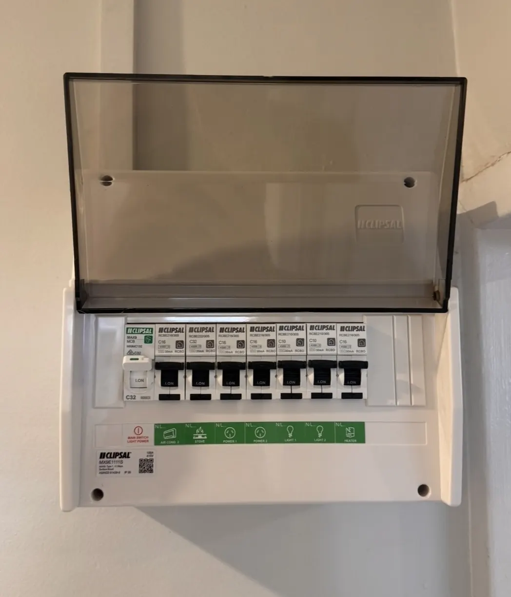 A new switchboard installed by ProWave Electrical, with clear cover and labelled circuits